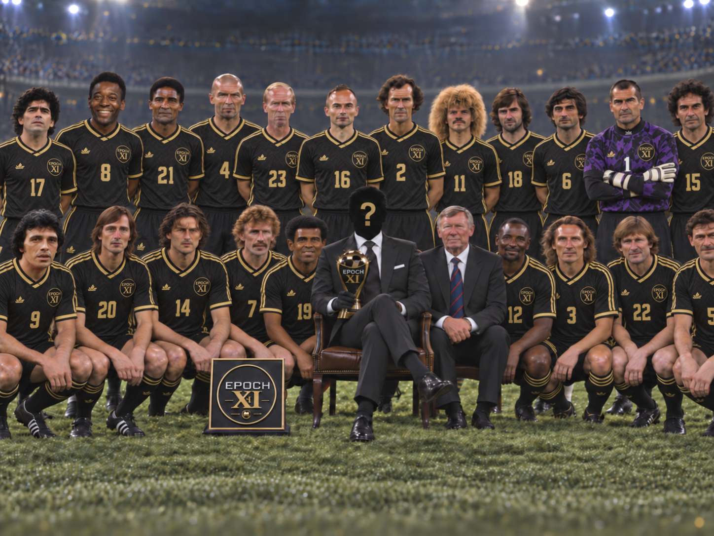 Epoch XI football legends wearing the official black and gold uniforms in a team portrait